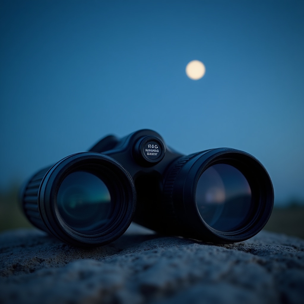 Primo piano di un binocolo astronomico 10x50 posato su una roccia con sfondo di cielo notturno