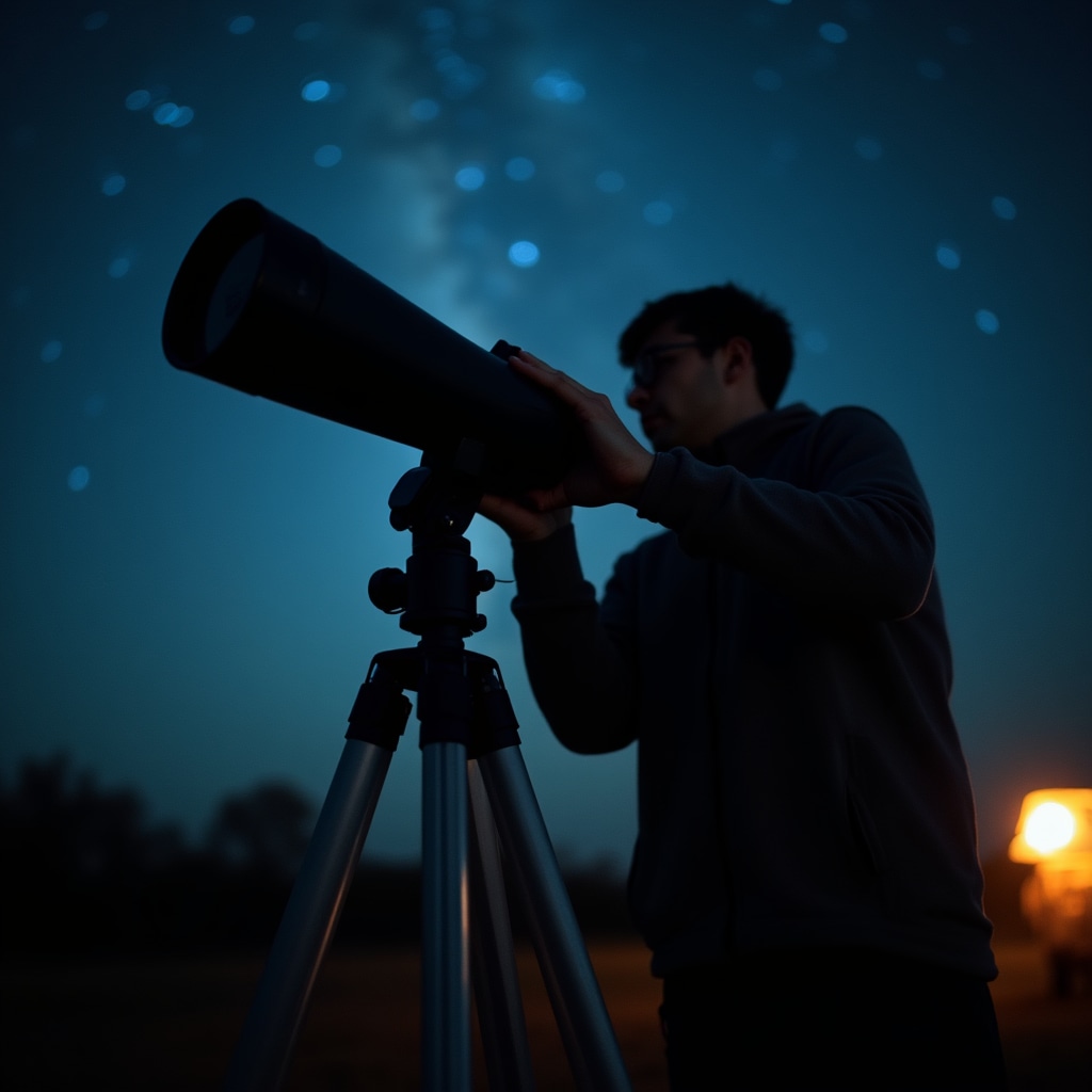 Persona che osserva il cielo notturno con un binocolo professionale su treppiede