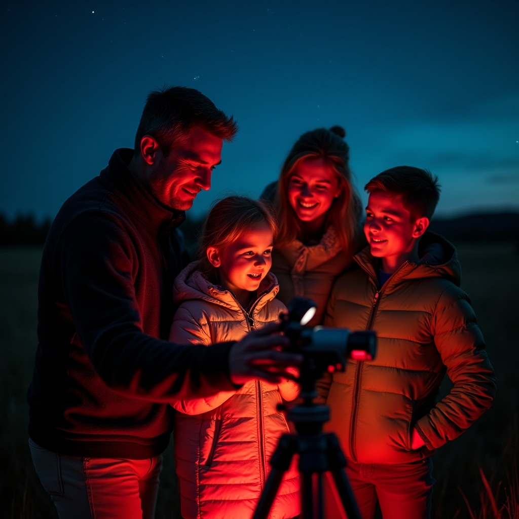 Famiglia con due bambini intorno a un telescopio durante un'uscita notturna, genitore che mostra come puntare lo strumento