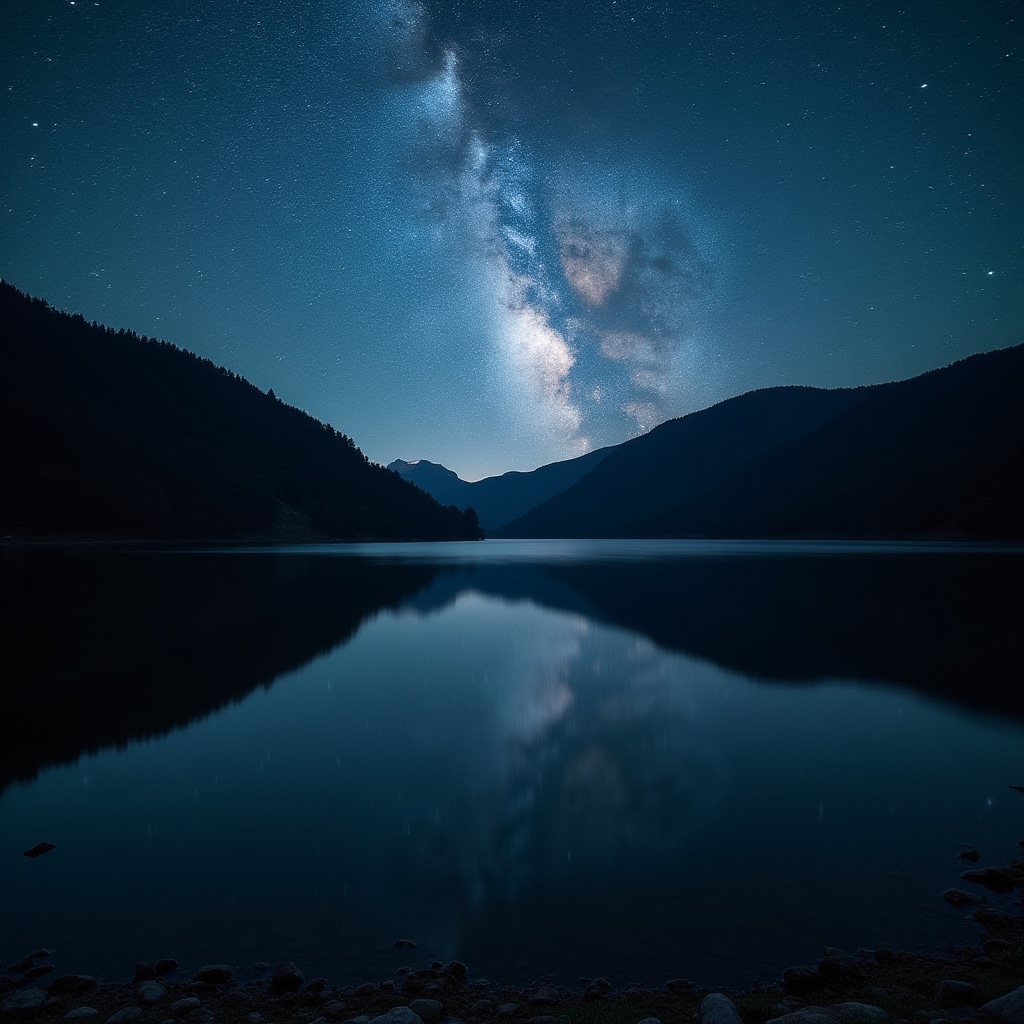 Lago del Turano di notte con il riflesso delle stelle sull'acqua ferma e colline sullo sfondo