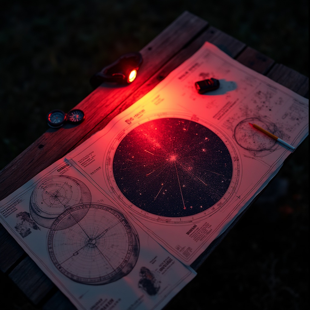 Mappe cartacee delle costellazioni illuminate da luce rossa su un tavolo da campo notturno