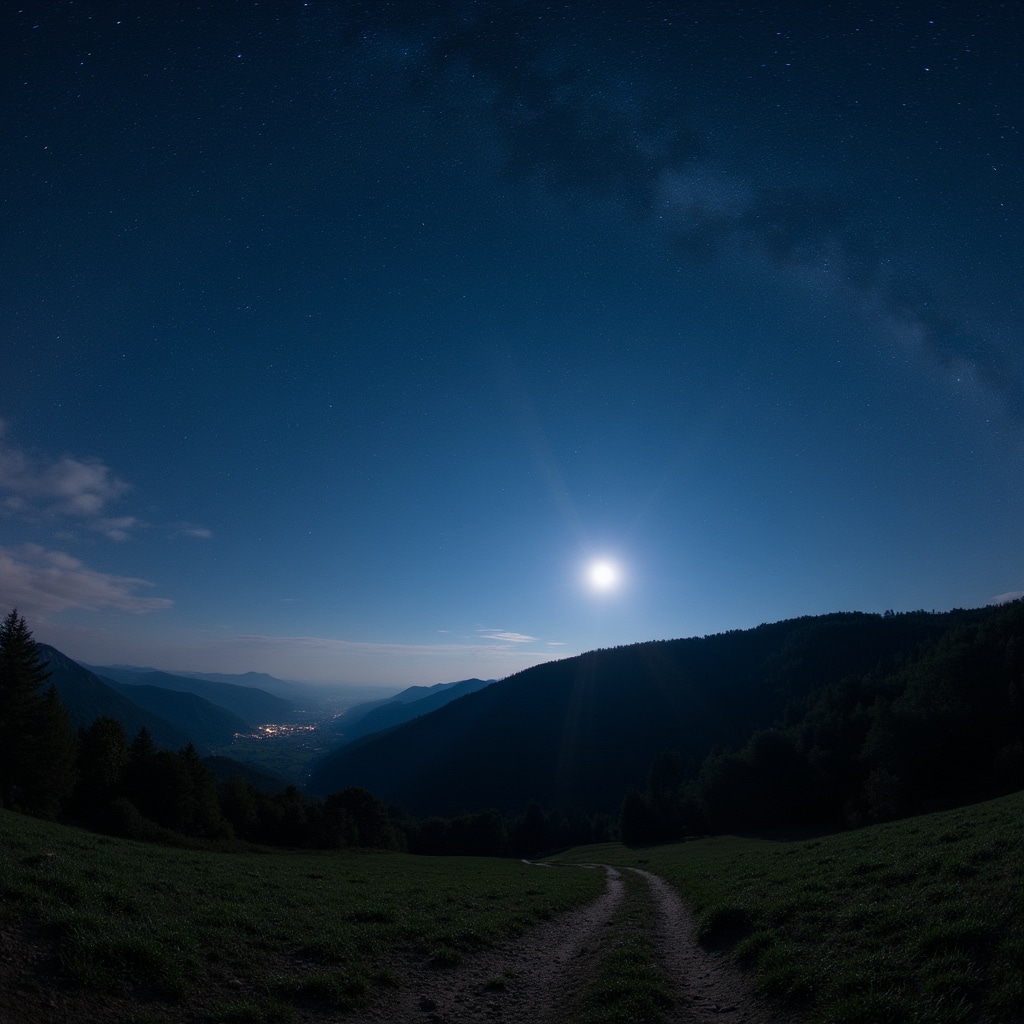 Panorama notturno dei Monti Simbruini con cielo stellato e sentiero illuminato dalla luna