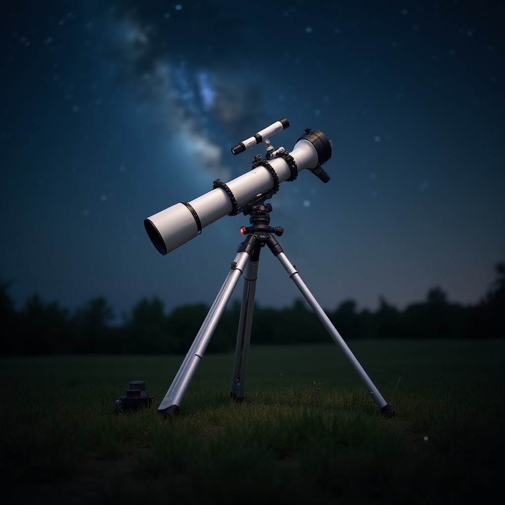 Telescopio rifrattore su treppiede in un campo aperto di notte, con la Via Lattea sullo sfondo