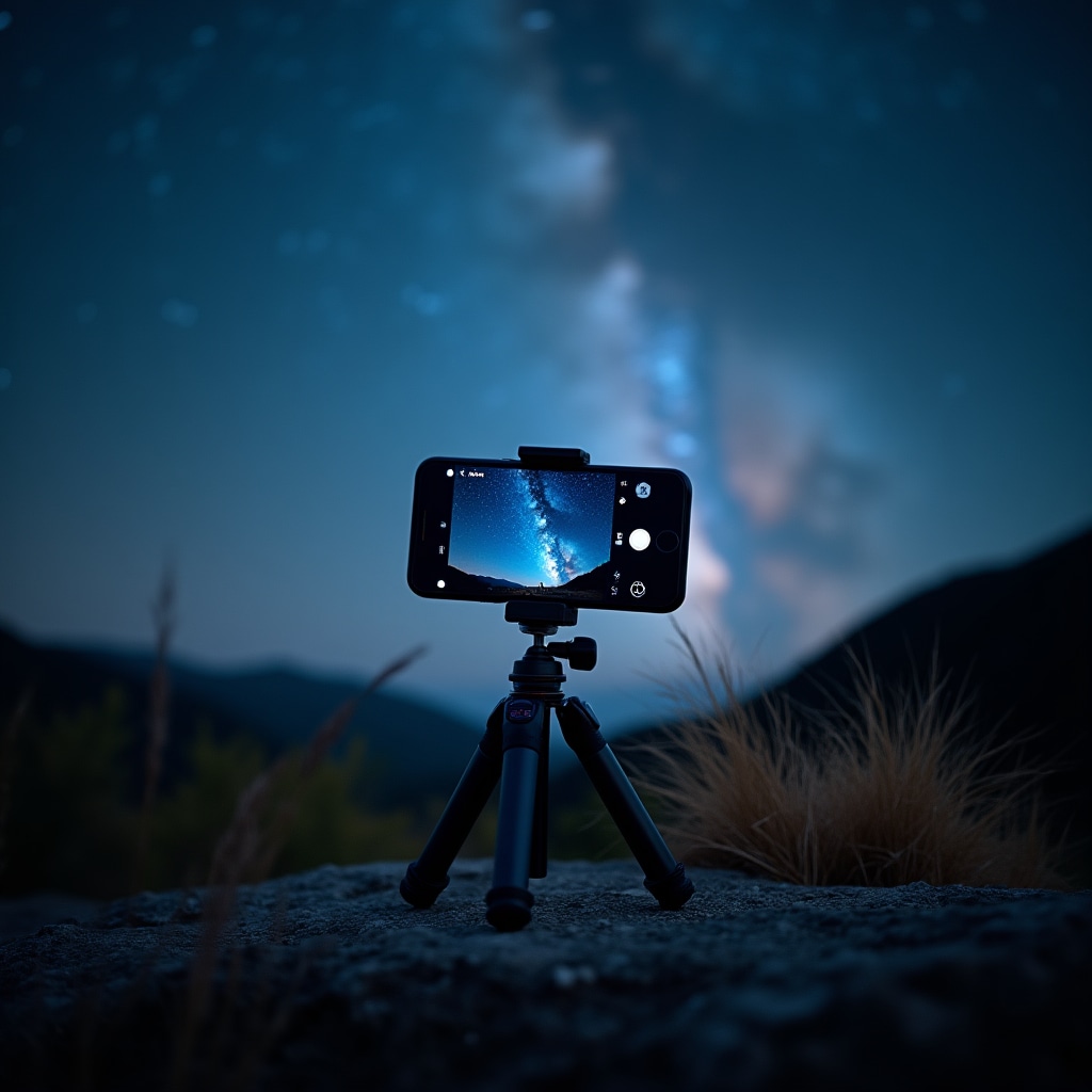 Smartphone montato su treppiede compatto puntato verso il cielo notturno durante una sessione fotografica
