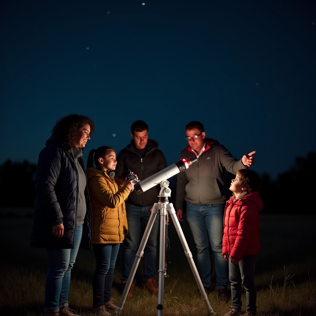 Gruppo di adulti e bambini che usano un telescopio durante un'uscita notturna