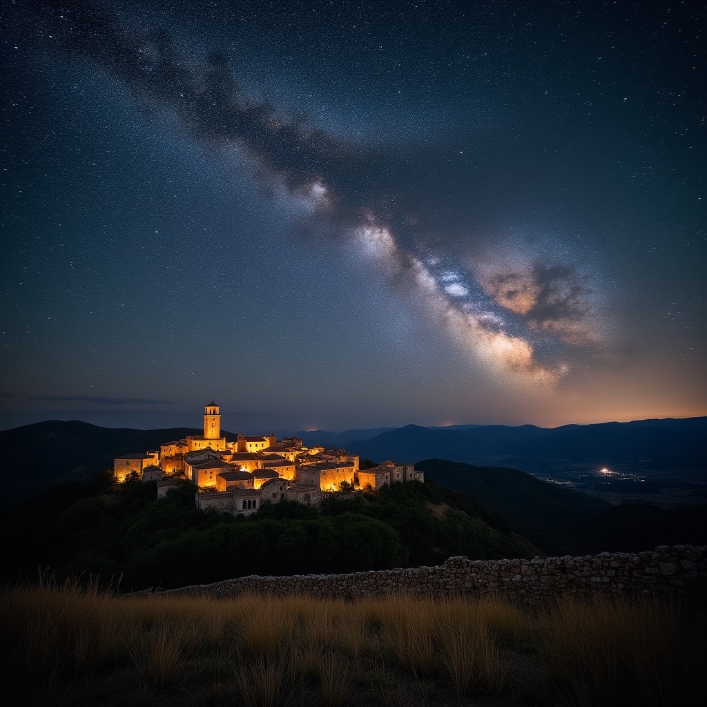 La Via Lattea fotografata da una collina laziale, con un piccolo borgo illuminato in basso